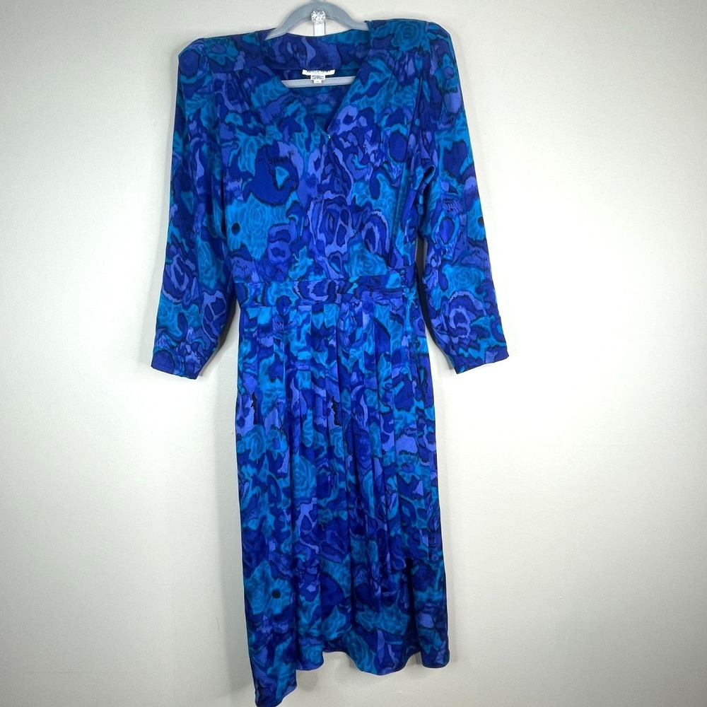 Nora Noh Vintage Floral Midi Dress 12 Petite Silk Art To Wear Flowy Long Sleeve